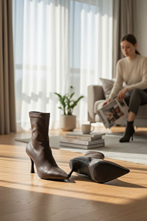 564FD Günlük Fermuarlı Kadın Topuklu Bot Ayakkabı İnce Topuk Klasik Topuklu Bot 