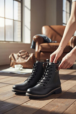 4659 Kadın Bot Ayakkabı Kaymaz Taban Fermuarlı Bağcıklı Günlük Kadın Bot 