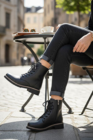 4659 Kadın Bot Ayakkabı Kaymaz Taban Fermuarlı Bağcıklı Günlük Kadın Bot 