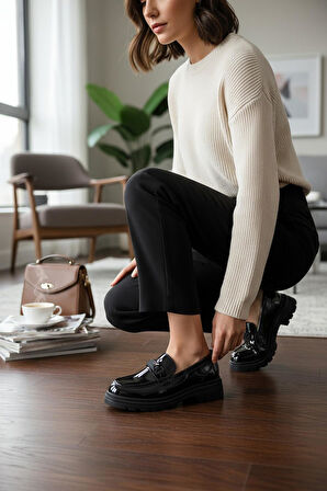 812-L Rahat Taban Günlük Siyah Kadın Laofer Ayakkabı Casual Kadın Ayakkabı Rugan