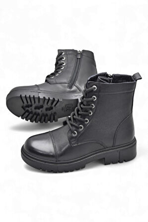 19832 Tam Ortopedik Siyah Hakiki Deri Kadın Bot Bağcıklı Fermuarlı Kışlık Deri Kadın Bot