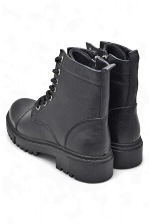 19832 Tam Ortopedik Siyah Hakiki Deri Kadın Bot Bağcıklı Fermuarlı Kışlık Deri Kadın Bot