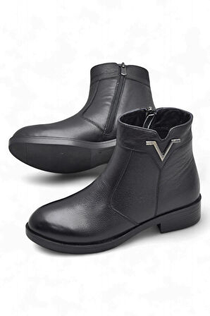 19802 Tam Ortopedik Siyah Hakiki Deri Kadın Bot Fermuarlı Kışlık Deri Kadın Bot