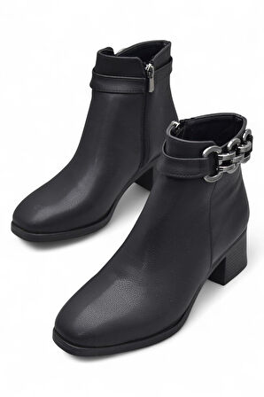 6597 Günlük Fermuarlı Kadın Topuklu Bot Ayakkabı Siyah Klasik Kısa Topuklu Bot