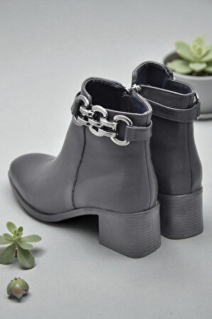 6597 Günlük Fermuarlı Kadın Topuklu Bot Ayakkabı Siyah Klasik Kısa Topuklu Bot