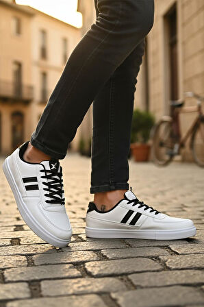 038 Rahat Taban Günlük Unisex Siyah - Beyaz Erkek Spor Ayakkabı 