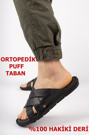 034 TAM Ortopedik Taban Günlük Hakiki Deri Erkek Terlik Deri Terlik