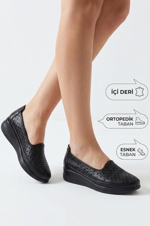 T57-10 Hafif Esnek Ortopedik Taban Günlük İçi Deri Kadın Ayakkabı Casual Anne Ayakkabısı