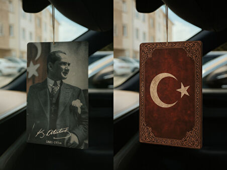 Atatürk ve Türk Bayrağı - İkili Oto Kokusu - Dekoratif Araç Kokusu ve Aksesuarı