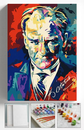 Sayılarla Boyama Seti Numaralı Tuval Fırça Boya Askı Aparatı Dahil Set 40x50 Cm - ATATÜRK İMZA