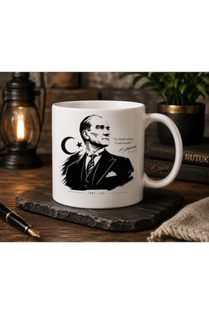 Atatürk Serisi | En Büyük Eserim Cumhuriyettir | Atatürk Portreli Çift Taraflı Baskılı Seramik Kupa | 300 ML