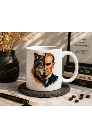 Atatürk Serisi | Bozkurt’un İzinde | Atatürk & Bozkurt Temalı Çift Taraflı Baskılı Seramik Kupa | 300 ML