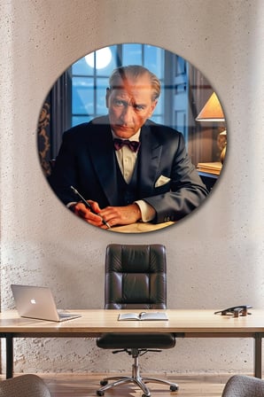 Atatürk Portre Ev İş Kurumsal Hediyelik Yuvarlak Cam Tablo