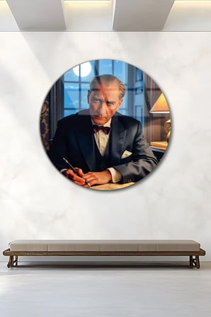 Atatürk Portre Ev İş Kurumsal Hediyelik Yuvarlak Cam Tablo