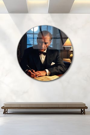 Atatürk Portre Ev İş Kurumsal Hediyelik Yuvarlak Cam Tablo