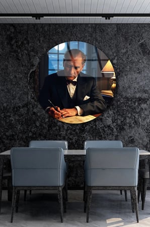 Atatürk Portre Ev İş Kurumsal Hediyelik Yuvarlak Cam Tablo