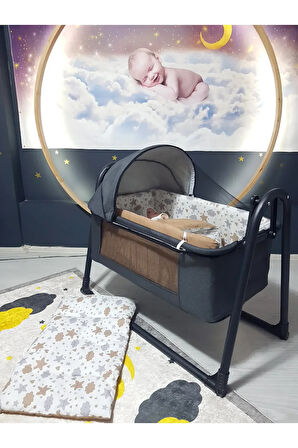 45x85 Keten Tenteli Portatif Beşik ve Uyku Seti - Silinebilir Lüks Keten Fileli