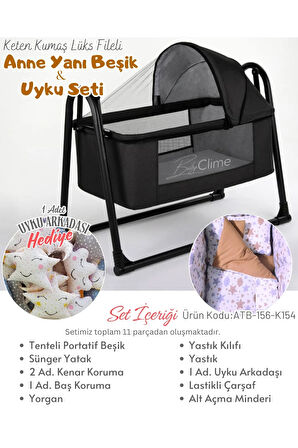 45x85 Keten Tenteli Portatif Beşik ve Uyku Seti - Silinebilir Lüks Keten Fileli