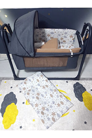 45x85 Keten Tenteli Portatif Beşik ve Uyku Seti - Silinebilir Lüks Keten Fileli