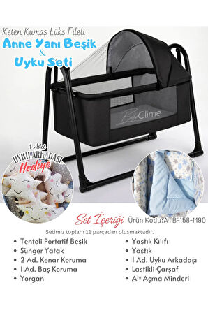 45x85 Keten Tenteli Portatif Beşik ve Uyku Seti - Sallanır Anne Yanı Beşik