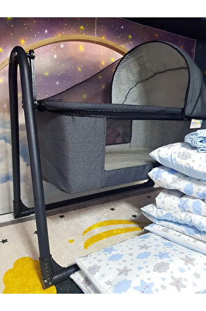 45x85 Keten Tenteli Portatif Beşik ve Uyku Seti - Sallanır Anne Yanı Beşik