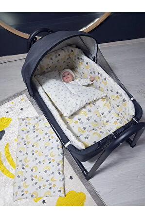 45x85 Keten Tenteli Portatif Beşik ve Uyku Seti - Anne Yanı Sallanır Bebek Beşiği