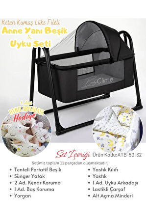 45x85 Keten Tenteli Portatif Beşik ve Uyku Seti - Anne Yanı Sallanır Bebek Beşiği