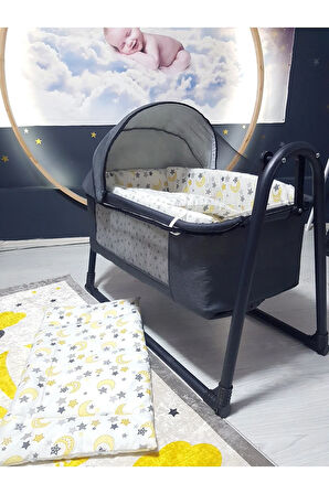 45x85 Keten Tenteli Portatif Beşik ve Uyku Seti - Anne Yanı Sallanır Bebek Beşiği