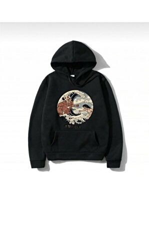 Unisex Kapüşonlu Siyah Anime Attack Of Titan Baskılı Oversize Sweatshirt