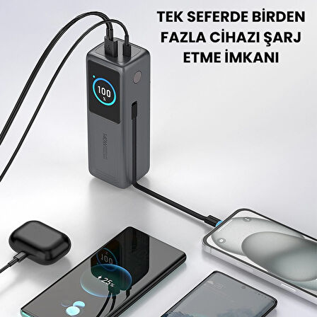 140W Süper Hızlı Şarj 30000mAh Powerbank – Type-C Dahili Kablo – 3 Çıkışlı, LED Ekran, Laptop Uyumlu