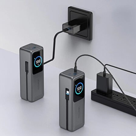 140W Süper Hızlı Şarj 30000mAh Powerbank – Type-C Dahili Kablo – 3 Çıkışlı, LED Ekran, Laptop Uyumlu