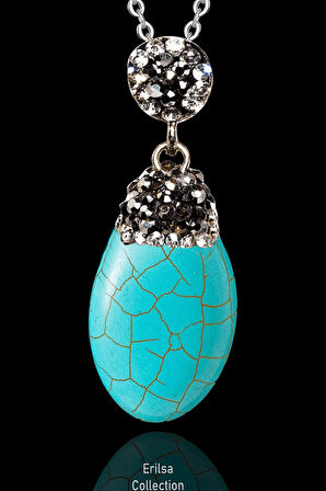 Sertifikalı Zirkon Taşlı XL Oval Model Firuze Taşı Kolye (Turkuaz Taşı)