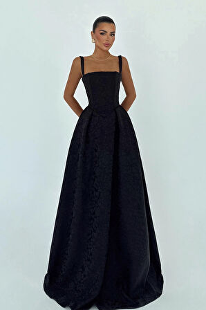 Siyah Lidia Uzun Abiye Elbise ATE-3006