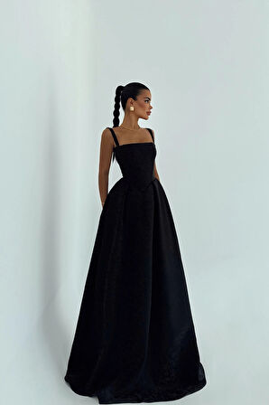 Siyah Lidia Uzun Abiye Elbise ATE-3006