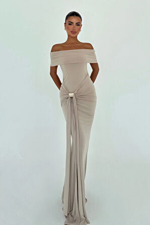 Bej Allayia Uzun Elbise ATE-3083