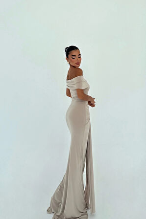 Bej Allayia Uzun Elbise ATE-3083