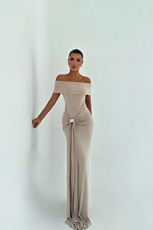 Bej Allayia Uzun Elbise ATE-3083