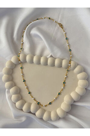 Mavi İşlemeli Gold Kolye