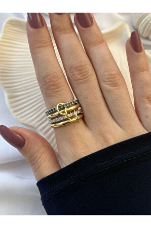 Yeşil Zirkon Detaylı Çoklu Yüzük