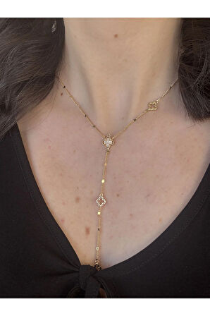 Gold Yonca Detaylı Y Kolye