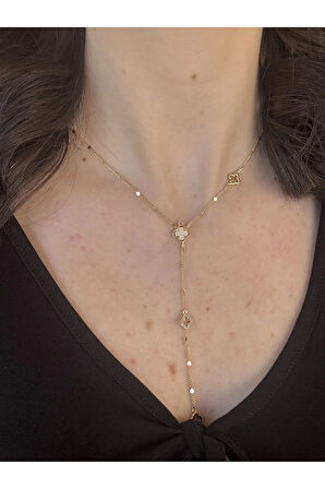 Gold Yonca Detaylı Y Kolye