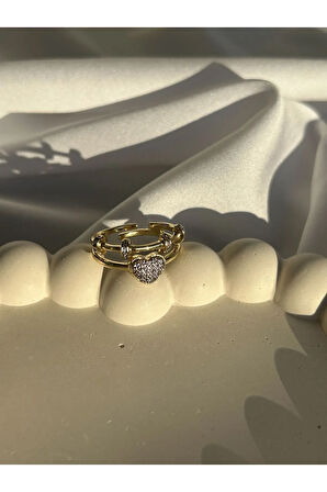 Çift Sıra Kalp Detaylı Yüzük