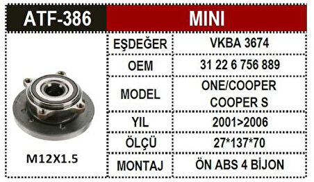 ATF 386 Mini Cooper R50-R53 Ön Porya 31226756889 31226756889