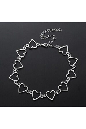 Gri Kalp Metal 35 Cm Zincirli Choker Hediyelik Kadın Kolye Takı