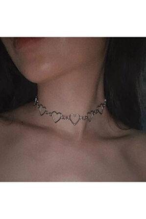 Gri Kalp Metal 35 Cm Zincirli Choker Hediyelik Kadın Kolye Takı