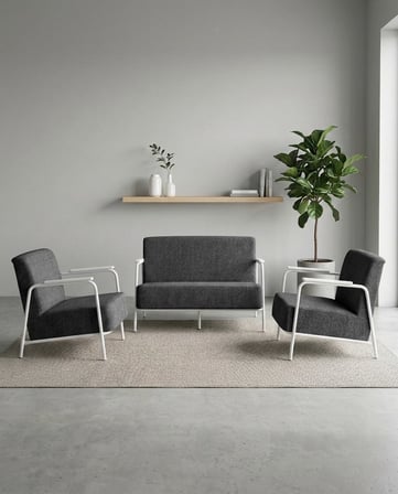 Atlas 2+1+1 Dokuma Kumaş Ofis Cafe Bekleme Koltuk Takımı – Beyaz Metal – Antrasit