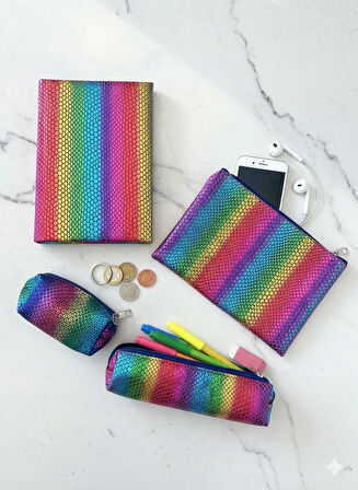 Atakids Lizy Desenli Defter, Kalemlik, Cüzdan ve El Çantası Seti (Defter: 168 yp, 14*20)