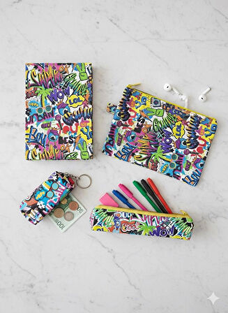 Atakids Lizy Desenli Defter, Kalemlik, Cüzdan ve Makyaj Çantası Seti (Defter: 168 yp, 14*20)