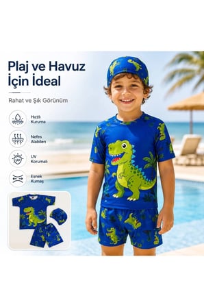 Erkek Çocuk Dinozor Desenli Mayo Takımı 3 Parça UV Korumalı Tişört Şort Bone Mavi