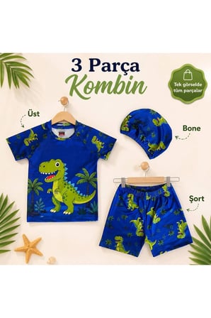 Erkek Çocuk Dinozor Desenli Mayo Takımı 3 Parça UV Korumalı Tişört Şort Bone Mavi